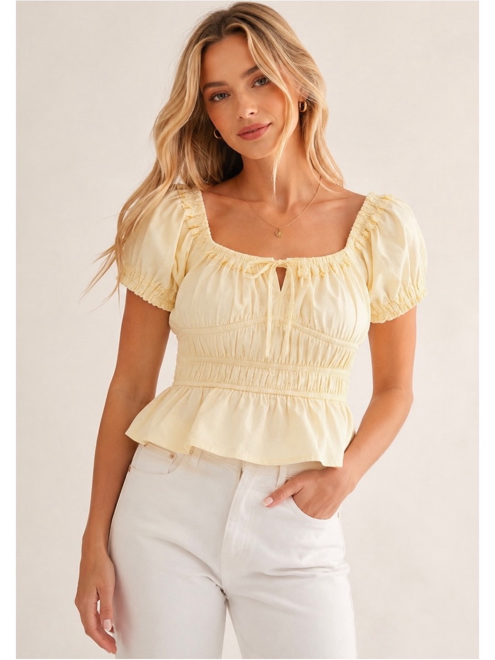 Sim & Sam Cotton Milkmaid Embroidery Trim PoplinTop Blouse Butter Yellow Medium
